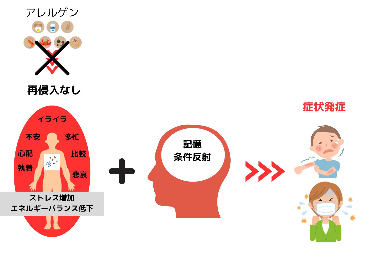 アレルゲン侵入なく記憶、条件反射、ストレスが関係する図