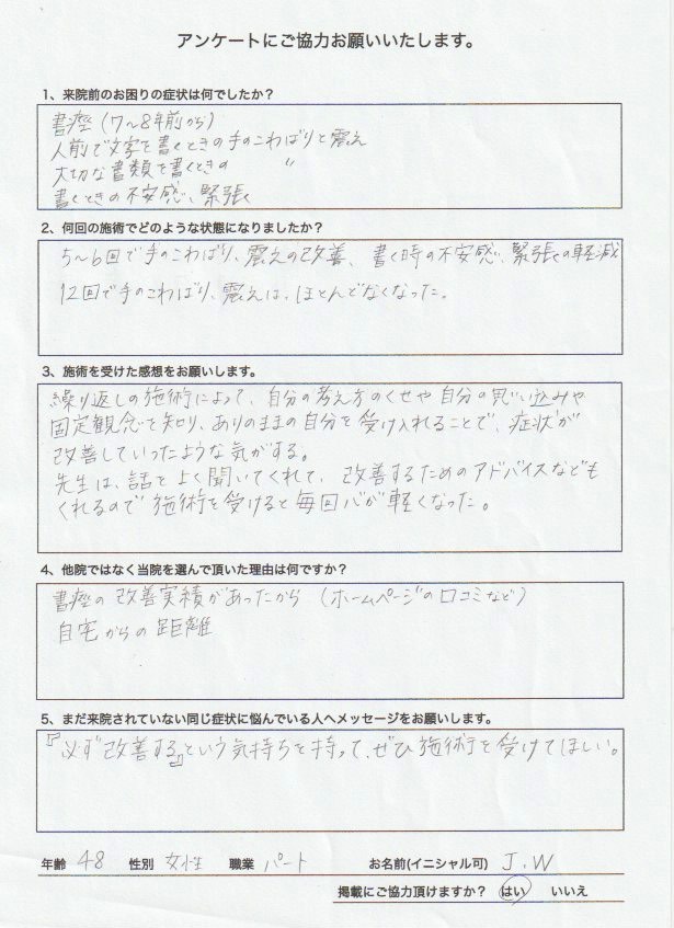手のこわばり震え書痙改善の喜びの声